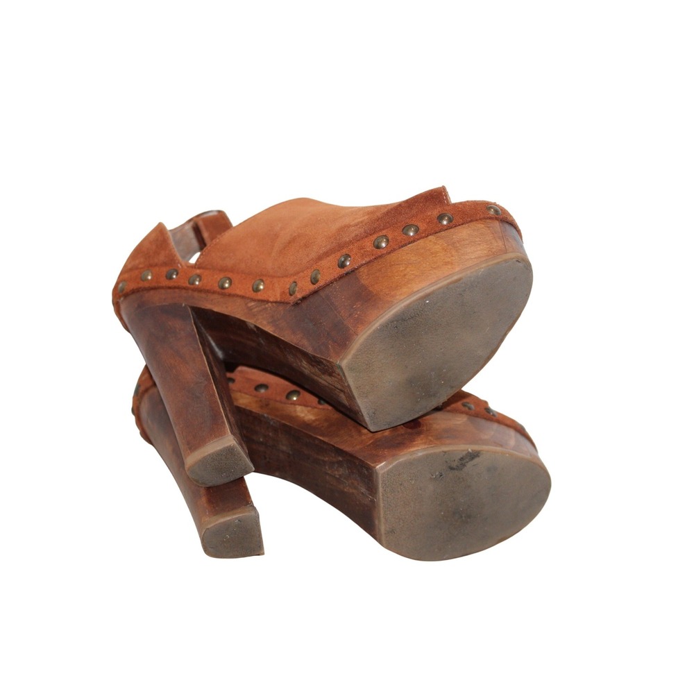Sole Child Rose Suede Platform Sandals Womens 6.5 Brown Studded Wood Block Heel - Picture 5 of 5